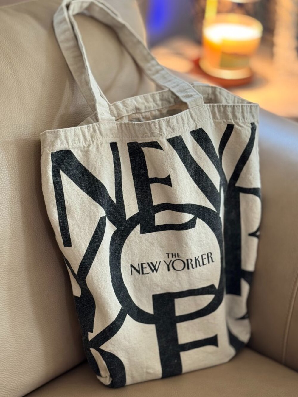 The New Yorker Canvas Tote Cream Black Logo Book Bag Literary NYC Y2K Retro